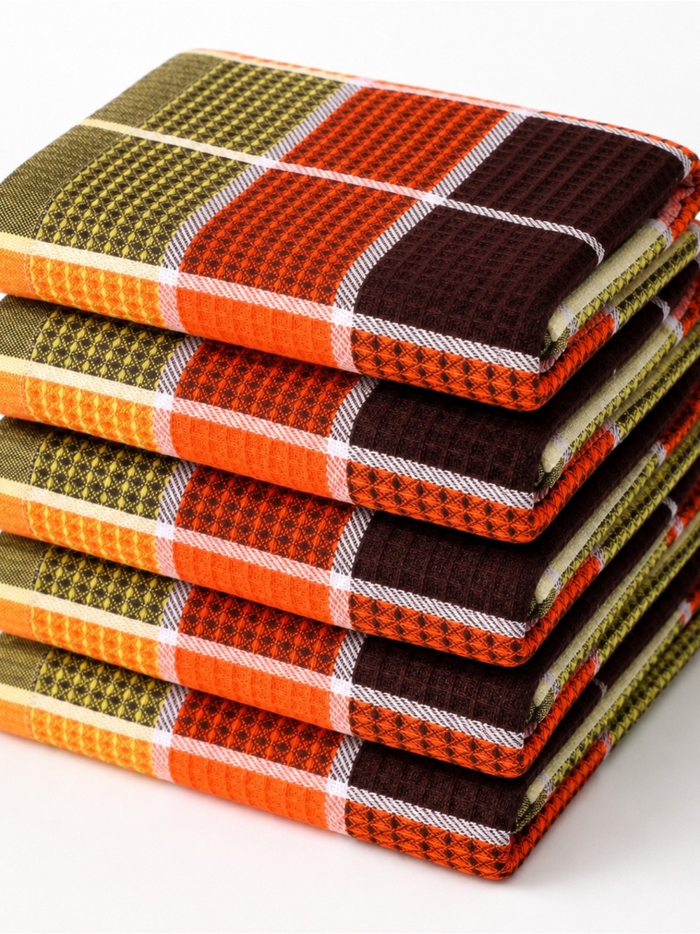 Stacked Waffle Weave Kitchen Towels in Orange, Olive & Brown 5 pieces